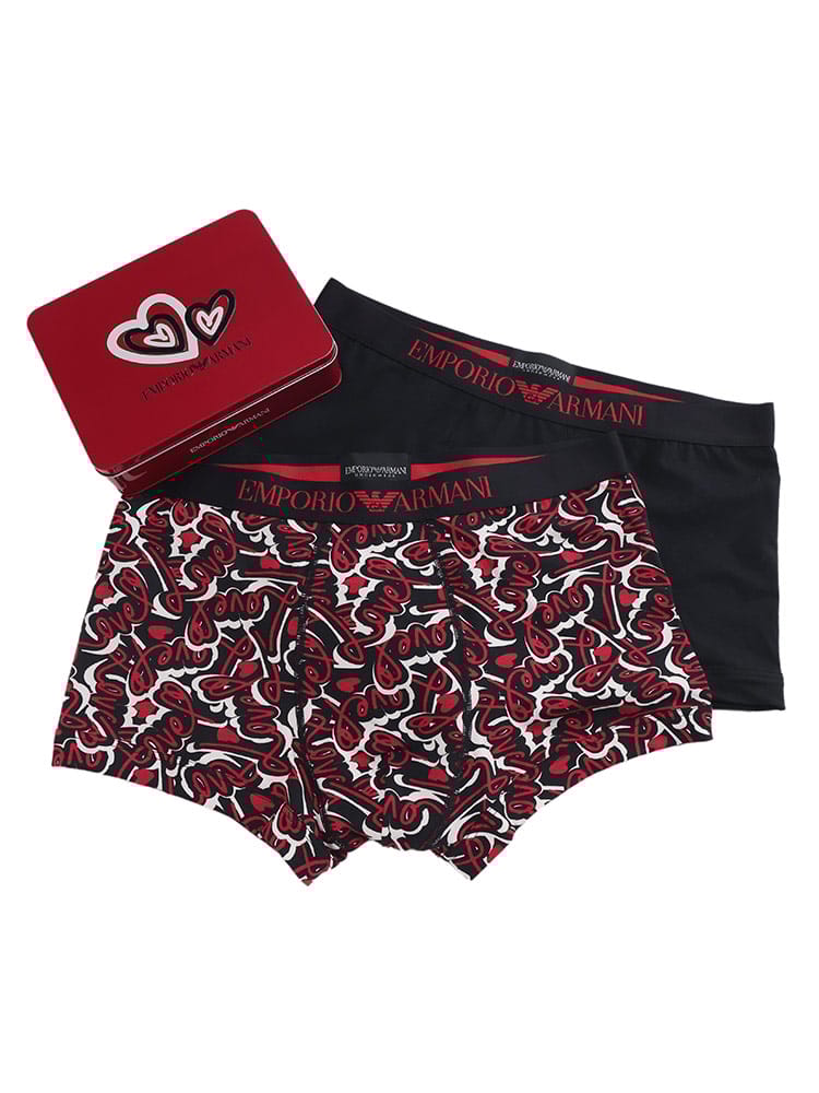 EMPORIO ARMANI (エンポリオアルマーニ) バレンタイン 総柄＆無地 前閉じ ボクサーパンツ 2枚セット メンズ