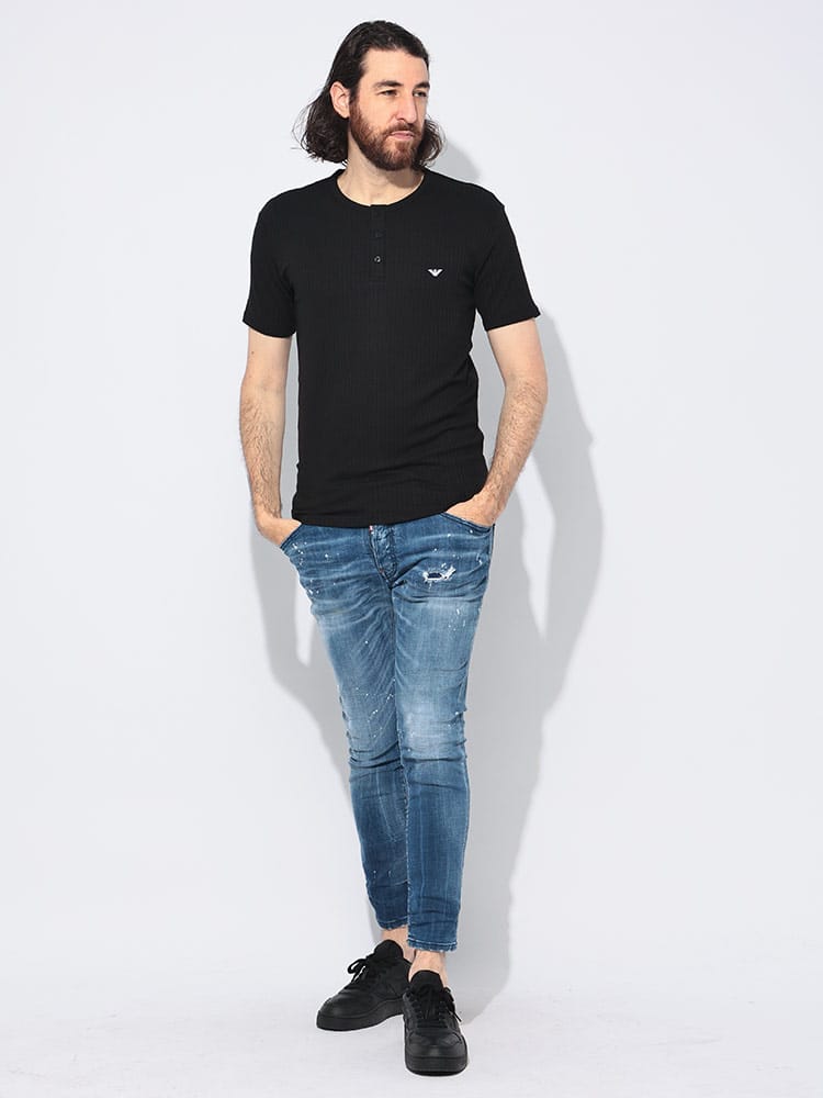 EMPORIO ARMANI (エンポリオアルマーニ) ロゴ リブ ヘンリーネック 
