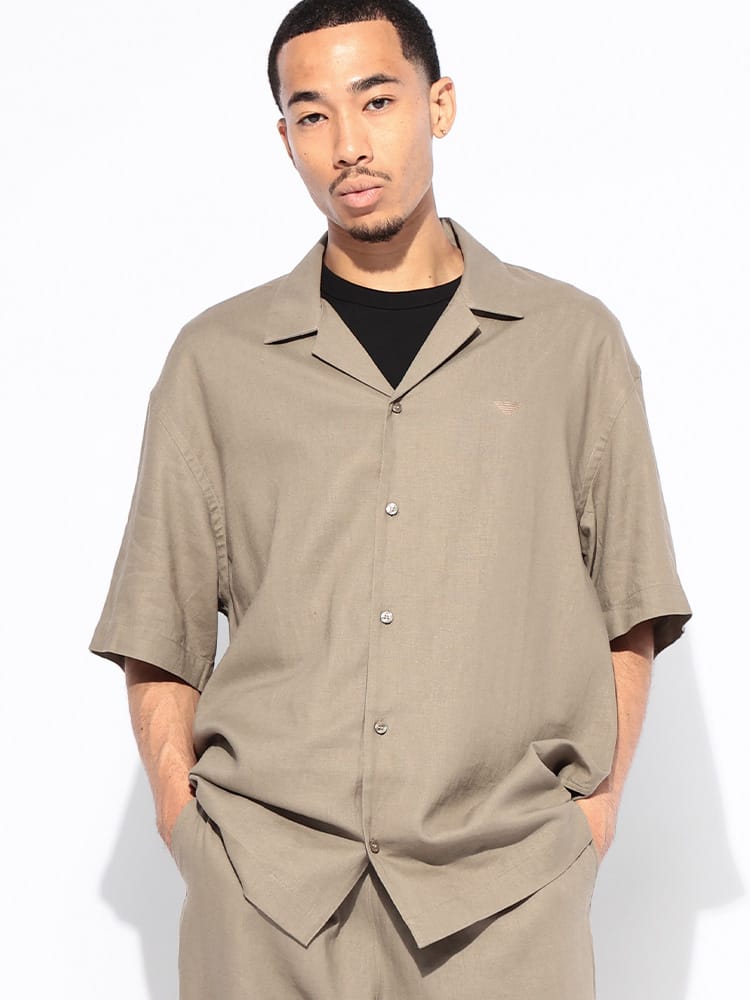 EMPORIO ARMANI (エンポリオアルマーニ) リネンブレンド ワンポイント オープンカラー 半袖 シャツ メンズ
