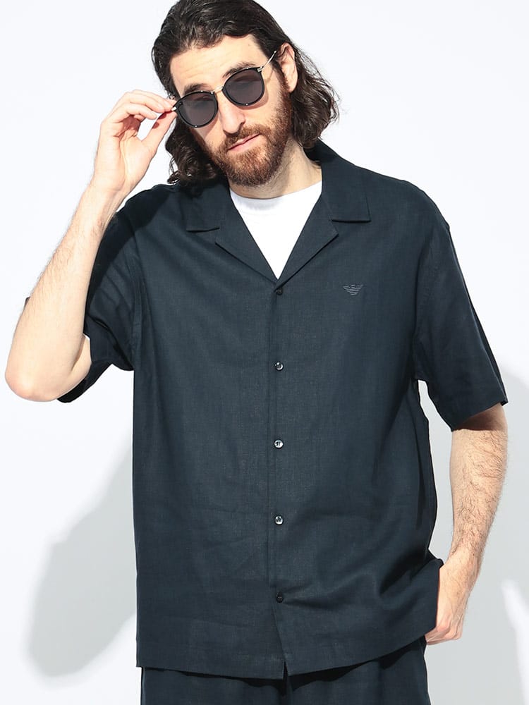 EMPORIO ARMANI (エンポリオアルマーニ) リネンブレンド ワンポイント オープンカラー 半袖 シャツ メンズ