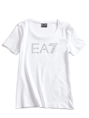 EMPORIO ARMANI (エンポリオアルマーニ) ラインストーンロゴ クルーネック 半袖 Tシャツ レディース