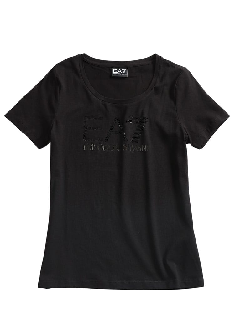 EMPORIO ARMANI (エンポリオアルマーニ) ラインストーンロゴ クルーネック 半袖 Tシャツ レディース