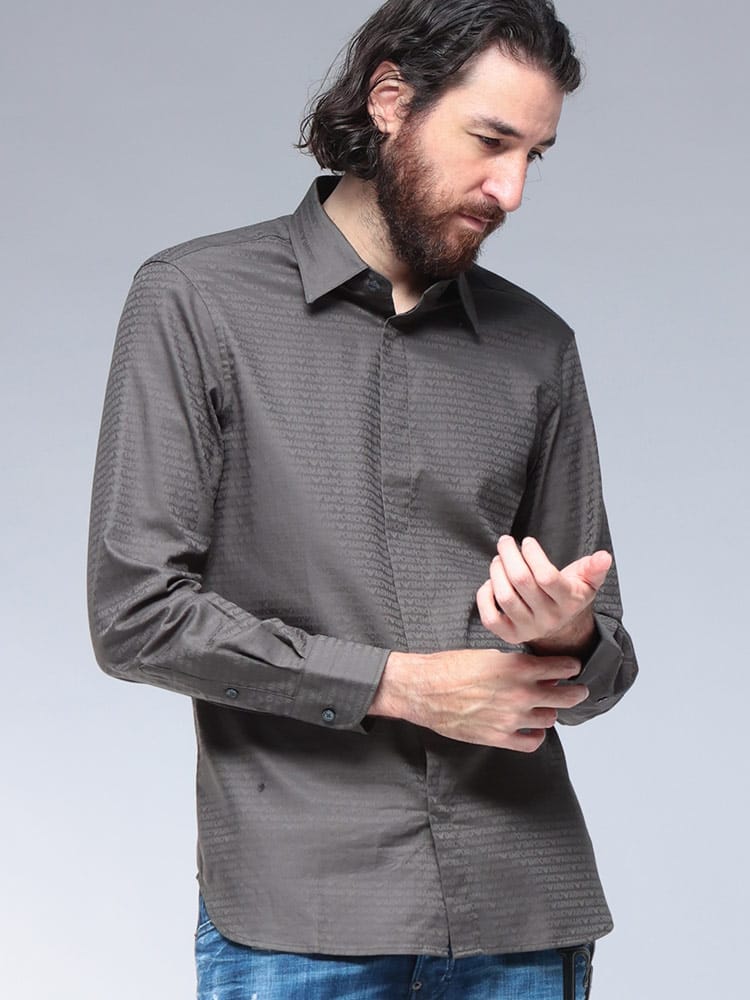 EMPORIO ARMANI (エンポリオアルマーニ) オールオーバージャガードロゴ コットンシャツ EA3755AF18123 メンズ