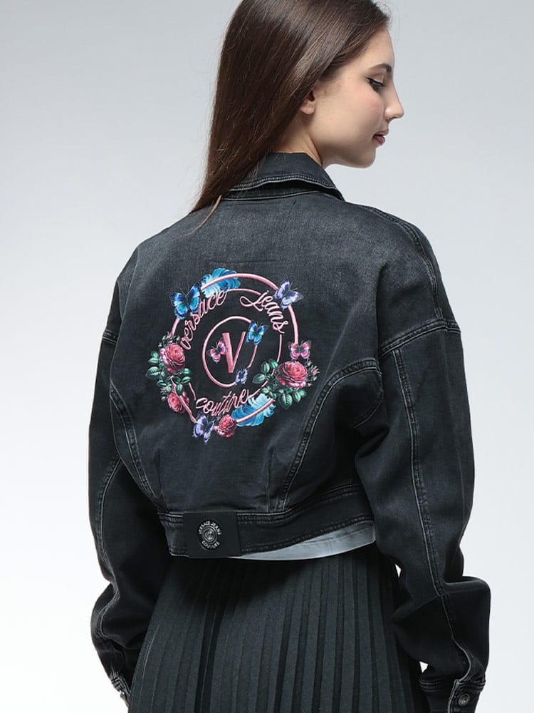 VERSACE JEANS COUTURE (ヴェルサーチェ ジーンズ クチュール) フローラル デニム ジャケット レターV エンブレム VCL79HAS403 レディース