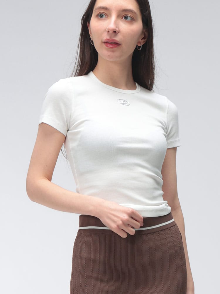 DIESEL (ディーゼル) ロゴ オーバルD 細リブ クルーネック コットン 半袖 Tシャツ DSLA199100JMBA レディース
