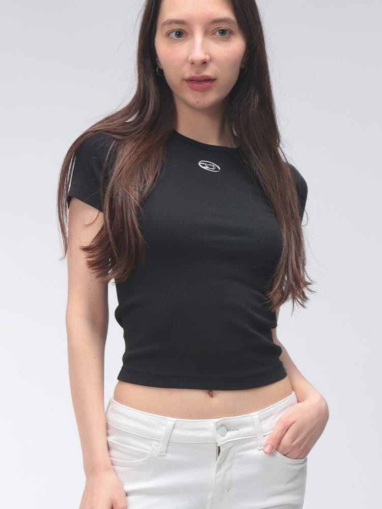 DIESEL (ディーゼル) ロゴ オーバルD 細リブ クルーネック コットン 半袖 Tシャツ DSLA199100JMBA レディース