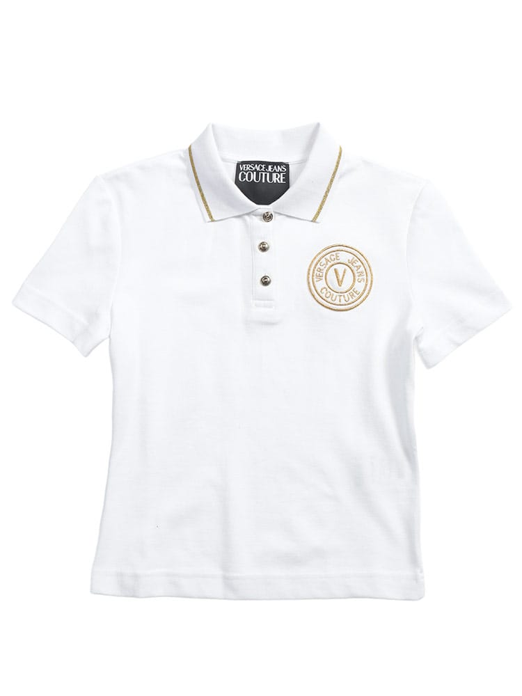 VERSACE JEANS COUTURE (ヴェルサーチェ ジーンズ クチュール) レディース ポロシャツ 半袖 レターVエンブレム 刺繍 ライン シャツ VCL80HAGT02