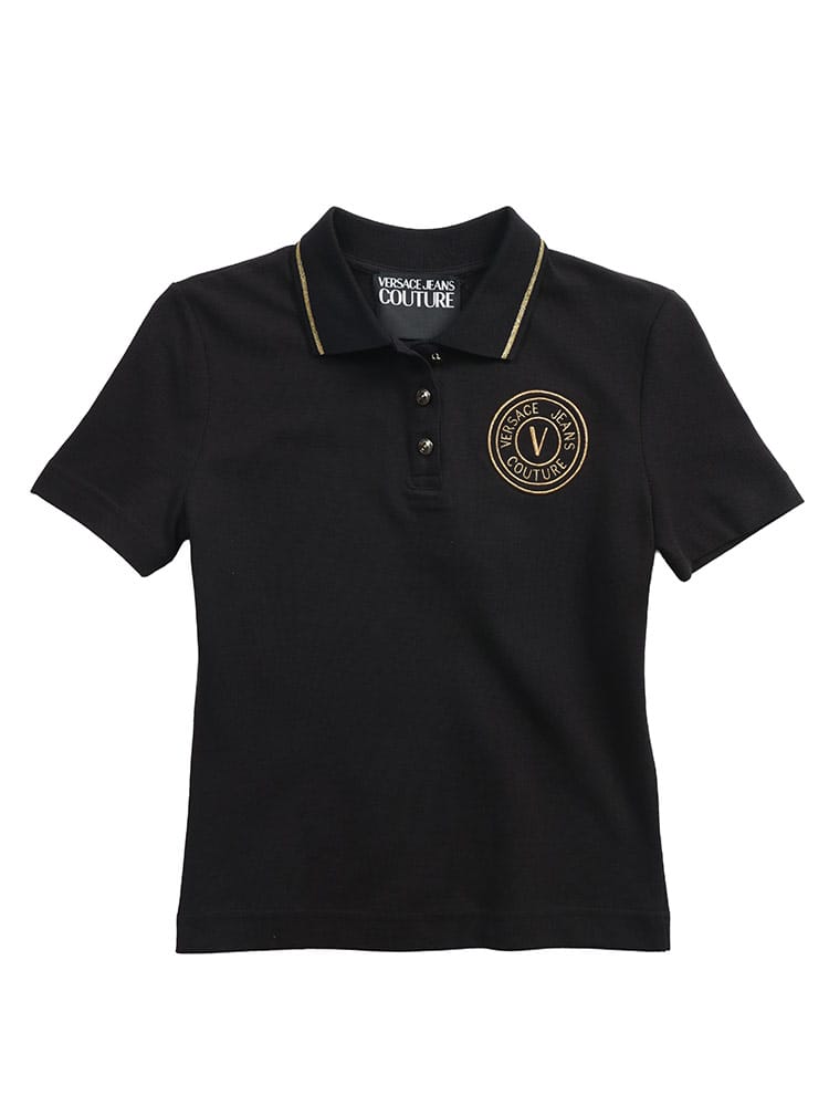 VERSACE JEANS COUTURE (ヴェルサーチェ ジーンズ クチュール) レディース ポロシャツ 半袖 レターVエンブレム 刺繍 ライン シャツ VCL80HAGT02