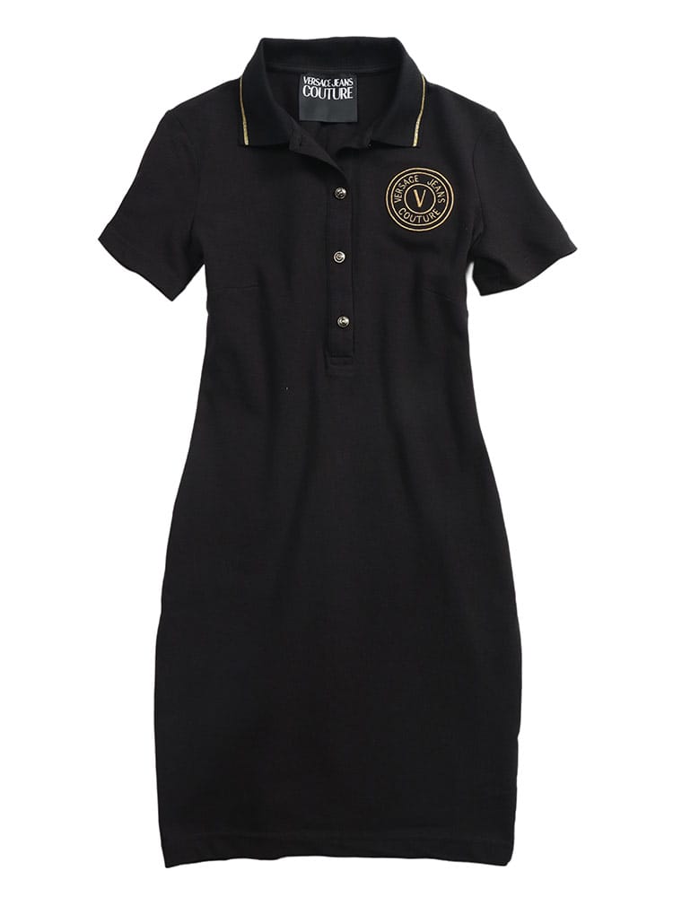 VERSACE JEANS COUTURE (ヴェルサーチェ ジーンズ クチュール) レディース ポロワンピース 半袖 レターVエンブレム 刺繍 ライン ワンピース VCL80HAOT03
