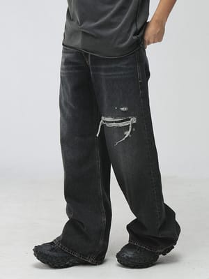 DIESEL (ディーゼル) メンズ ジーンズ ロゴ D-RISE ダメージ ボタンフライ ワイド デニム パンツ DSA06370007DN