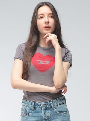 DIESEL (ディーゼル) レディース Tシャツ 半袖 ロゴ ハート プリント クルーネック カットソー チビT ミニT DSLA209800QHHA