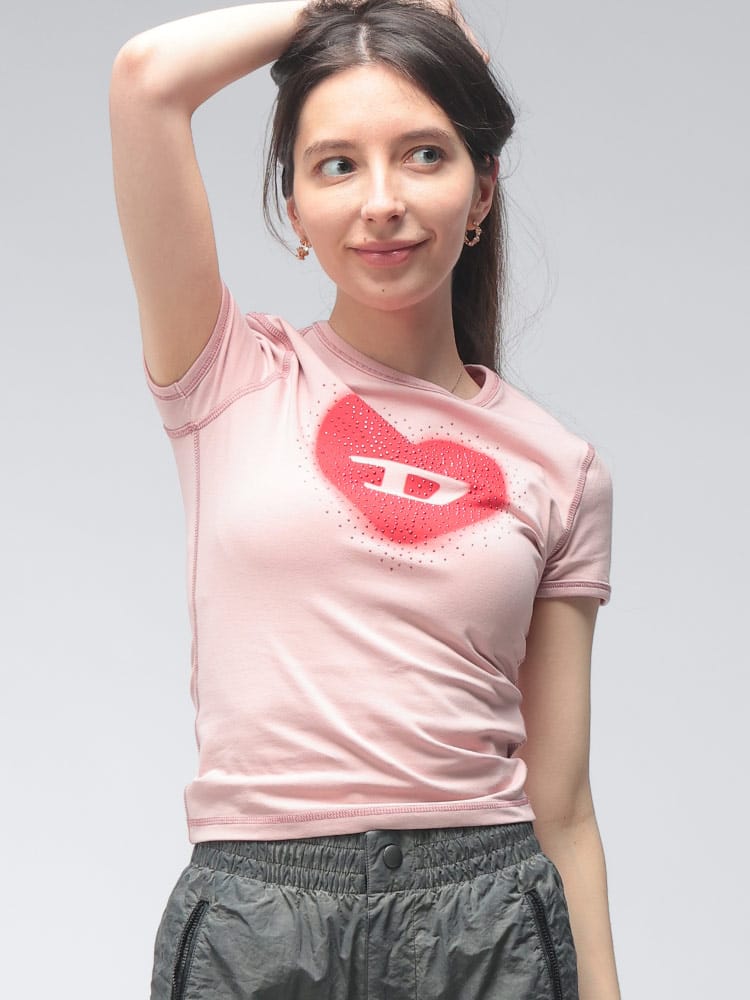 DIESEL (ディーゼル) レディース Tシャツ 半袖 ロゴ ハート プリント クルーネック カットソー チビT ミニT DSLA209800QHHA