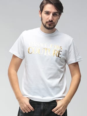 VERSACE JEANS COUTURE (ヴェルサーチェ ジーンズ クチュール) メンズ Tシャツ 半袖 ゴールドロゴ プリント クルーネック カットソー VC80GAHT00