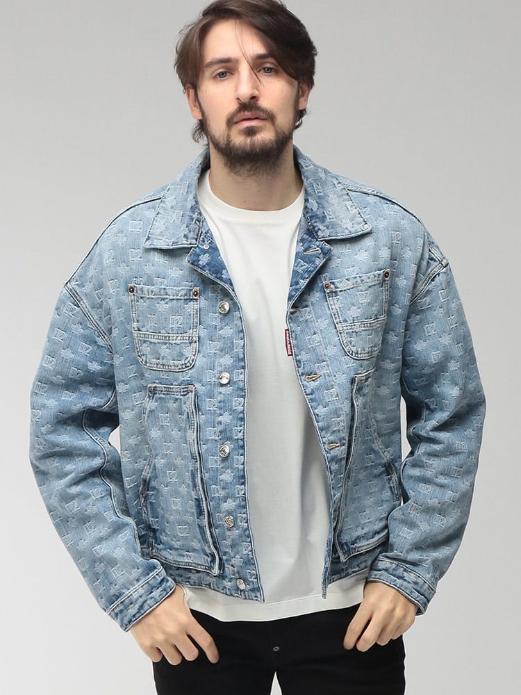 DSQUARED2 (ディースクエアード) メンズ デニムジャケット ロゴ 総柄 ビッグポケット デニム ジャケット JEAN D2AM1687D30023