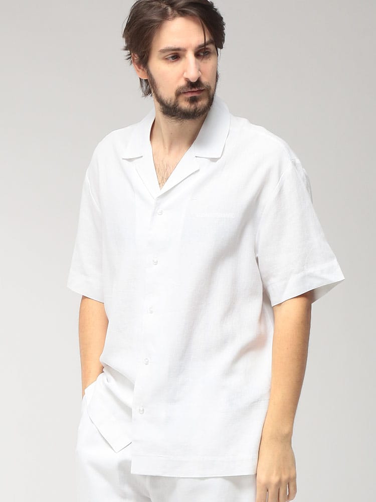 EMPORIO ARMANI (エンポリオアルマーニ) メンズ シャツ 半袖 麻混 ワンポイント 開襟シャツ EASEM593AF20590