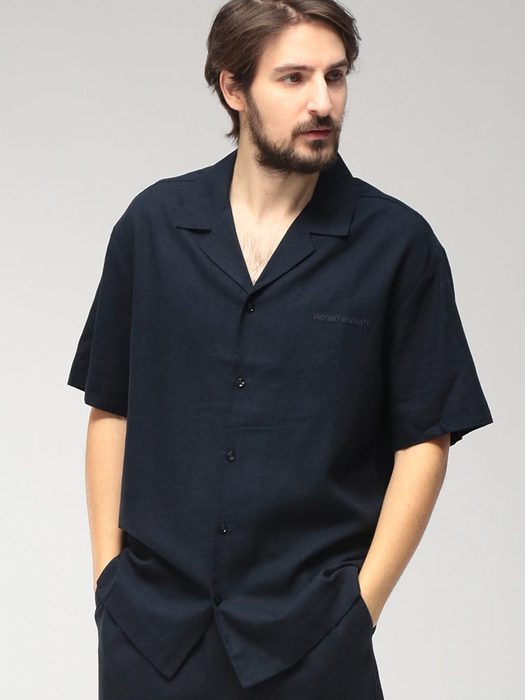 EMPORIO ARMANI (エンポリオアルマーニ) メンズ シャツ 半袖 麻混 ワンポイント 開襟シャツ EASEM593AF20590