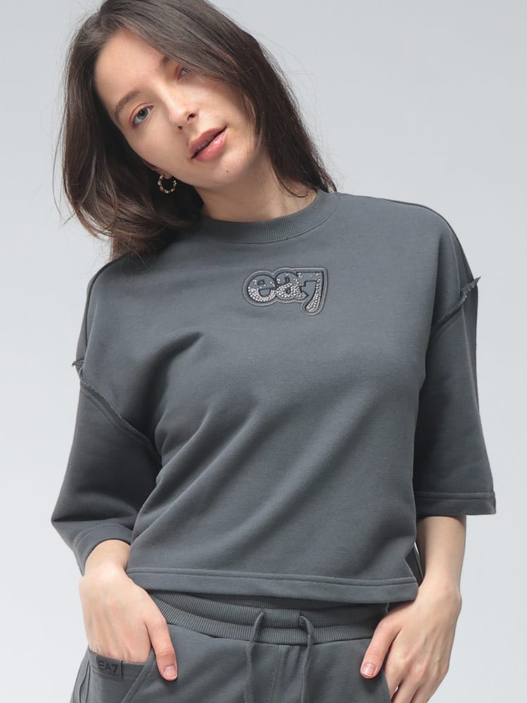 EMPORIO ARMANI (エンポリオアルマーニ) レディース Tシャツ 半袖 ロゴ ラインストーン クロップド丈 スウェット カットソー EA7LW970AF20758