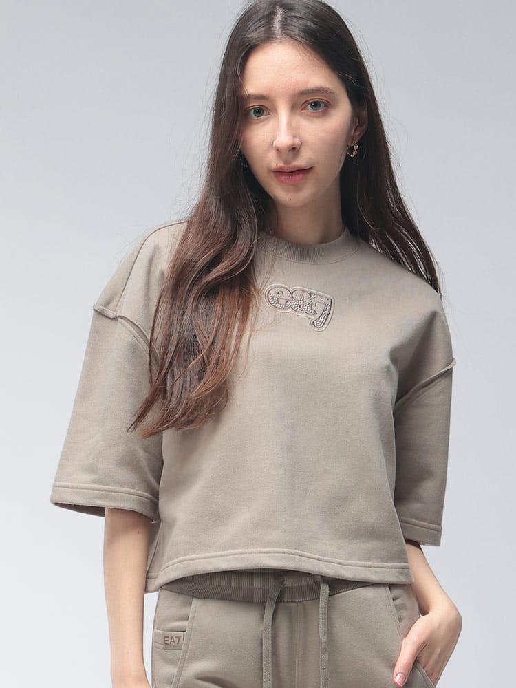 EMPORIO ARMANI (エンポリオアルマーニ) レディース Tシャツ 半袖 ロゴ ラインストーン クロップド丈 スウェット カットソー EA7LW970AF20758