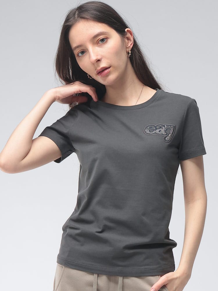 EMPORIO ARMANI (エンポリオアルマーニ) レディース Tシャツ 半袖 ロゴ ラインストーン クルーネック カットソー EA7LW969AF14880