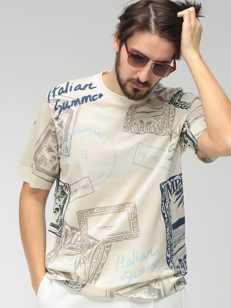 EMPORIO ARMANI (エンポリオアルマーニ) メンズ Tシャツ 半袖 サマープリント クルーネック カットソー EAEM5274AF24857
