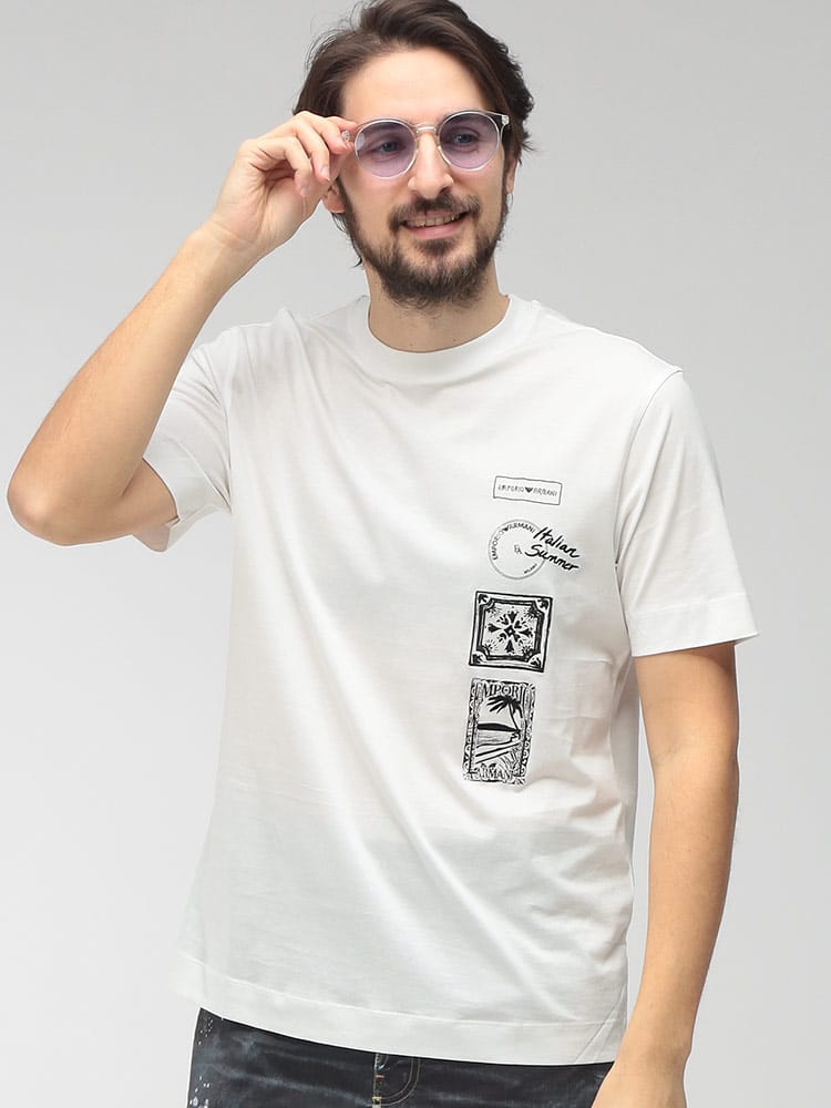 EMPORIO ARMANI (エンポリオアルマーニ) メンズ Tシャツ 半袖 プリント＆刺繍 クルーネック カットソー EAEM4994AF24470