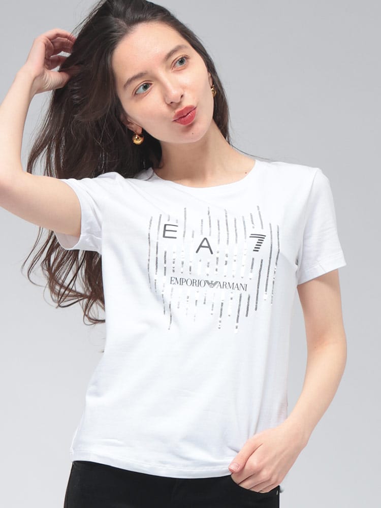 EMPORIO ARMANI (エンポリオアルマーニ) レディース Tシャツ 半袖 EA7 ビーズデザイン ロゴプリント クルーネック カットソー EA7L1097AF10373
