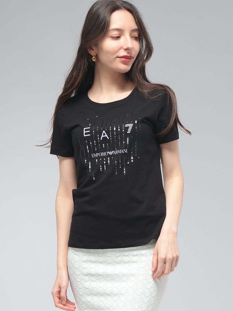 EMPORIO ARMANI (エンポリオアルマーニ) レディース Tシャツ 半袖 EA7 ビーズデザイン ロゴプリント クルーネック カットソー EA7L1097AF10373