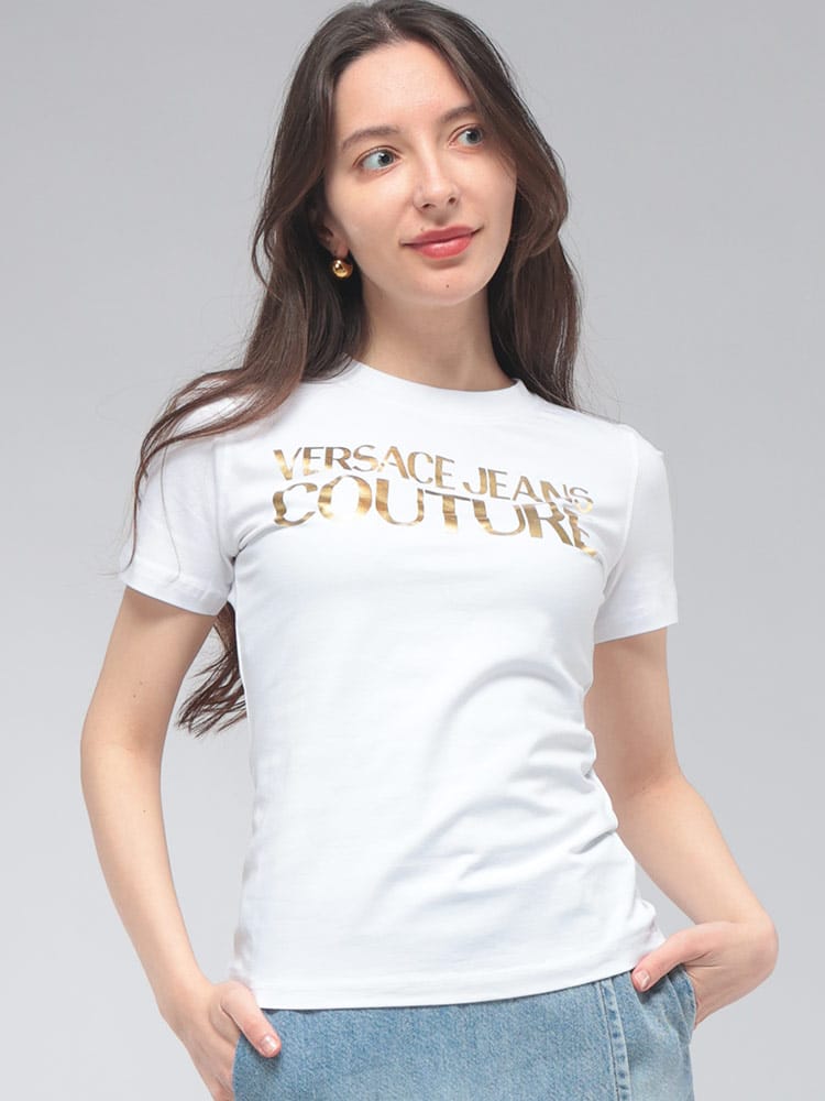 VERSACE JEANS COUTURE (ヴェルサーチェ ジーンズ クチュール) レディース Tシャツ 半袖 ゴールドロゴ プリント スリム クルーネック カットソー VCL80HAHT00