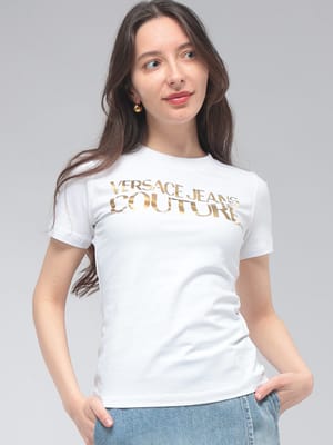 VERSACE JEANS COUTURE (ヴェルサーチェ ジーンズ クチュール) レディース Tシャツ 半袖 ゴールドロゴ プリント スリム クルーネック カットソー VCL80HAHT00