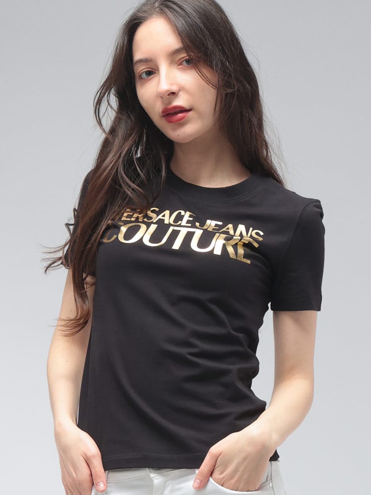 VERSACE JEANS COUTURE (ヴェルサーチェ ジーンズ クチュール) レディース Tシャツ 半袖 ゴールドロゴ プリント スリム クルーネック カットソー VCL80HAHT00