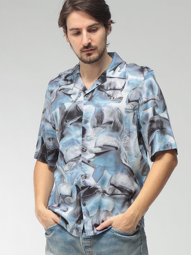 DIESEL (ディーゼル) メンズ シャツ 半袖 ドルフィンプリント 開襟シャツ DSA201500EPCG