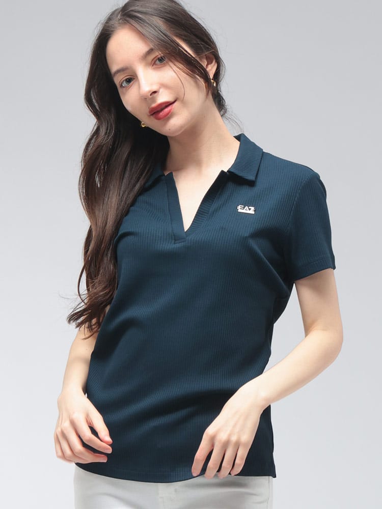 EMPORIO ARMANI (エンポリオアルマーニ) レディース ポロシャツ 半袖 スキッパー EA7 プレート ロゴ リブ スキッパー 半袖 ポロ EA7LW490AF12654
