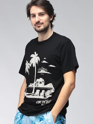 VERSACE JEANS COUTURE (ヴェルサーチェ ジーンズ クチュール) メンズ Tシャツ 半袖 クリスタル パームツリー クルーネック カットソー VC80GAHT11