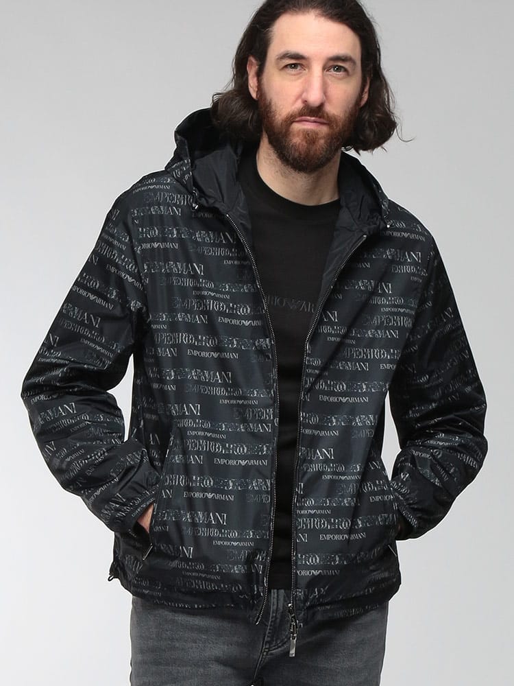 EMPORIO ARMANI (エンポリオアルマーニ) メンズ ナイロンジャケット リバーシブル 撥水 総柄ロゴ×無地 フルジップ フード付きブルゾン EAM6751AF12021