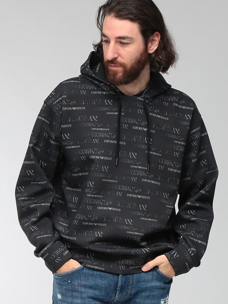 EMPORIO ARMANI (エンポリオアルマーニ) メンズ パーカー 長袖 総柄ロゴ プルオーバー スウェットパーカー EAEM6861AF10013