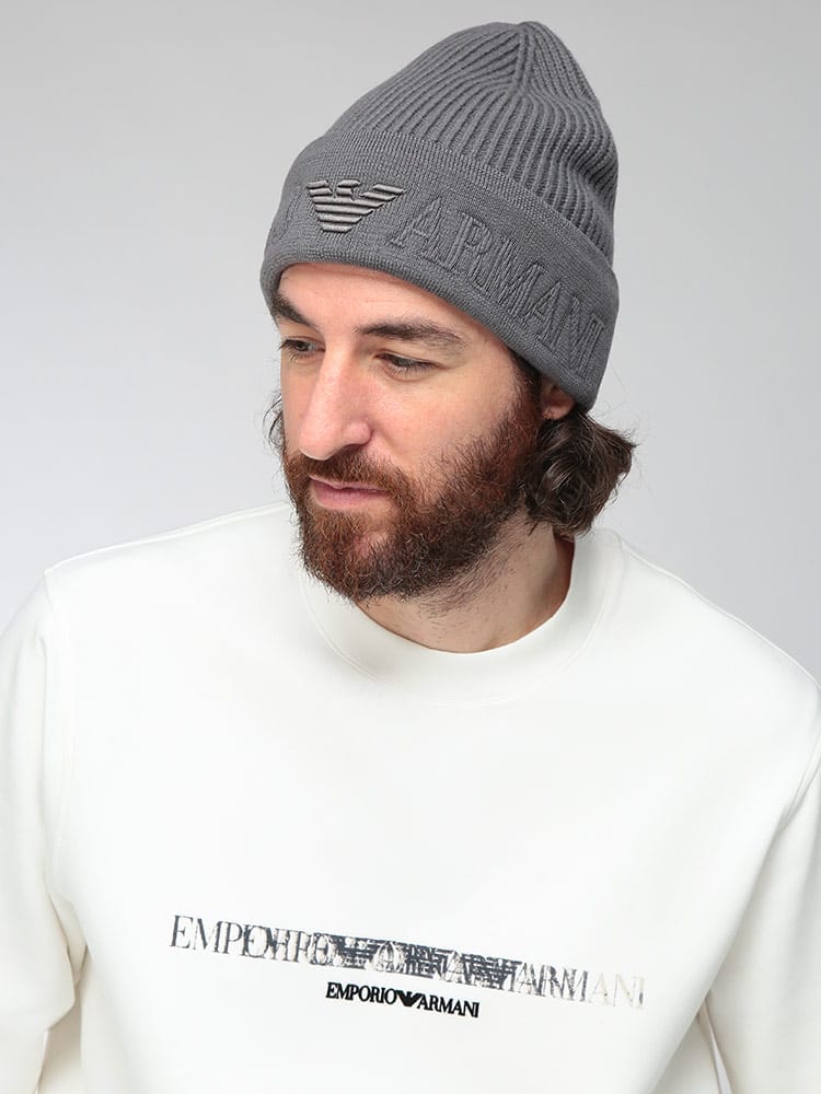 EMPORIO ARMANI (エンポリオアルマーニ) メンズ ニットキャップ ロゴ刺繍 リブ ニット帽 EAEM3750AF19896
