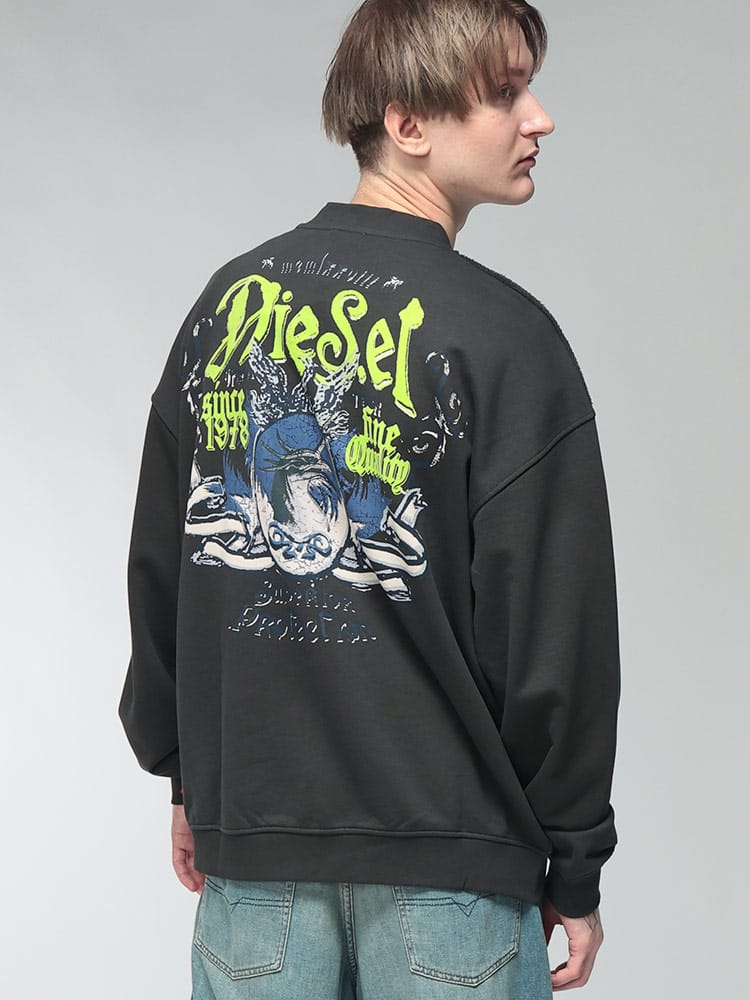 DIESEL (ディーゼル) メンズ トレーナー 長袖 フロッキー バックプリント クルーネック プルオーバー DSA230030EFBU