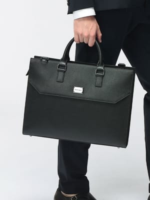 EMPORIO ARMANI (エンポリオアルマーニ) メンズ トートバッグ レザー タンブル加工 ロゴプレート ショルダーストラップ付 ビジネスバッグ EAEM579013788