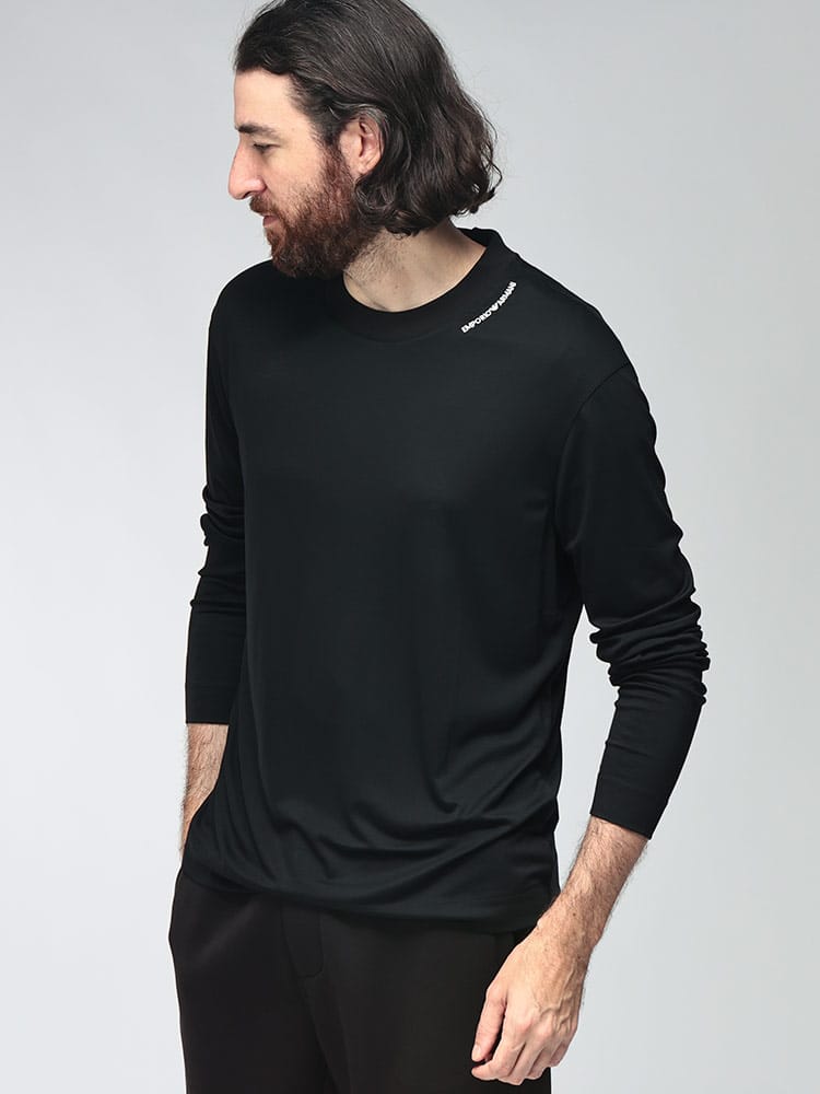 EMPORIO ARMANI (エンポリオアルマーニ) メンズ Tシャツ 長袖 シルク混 ミニロゴ刺繍 クルーネック カットソー EAEM6771AF13721