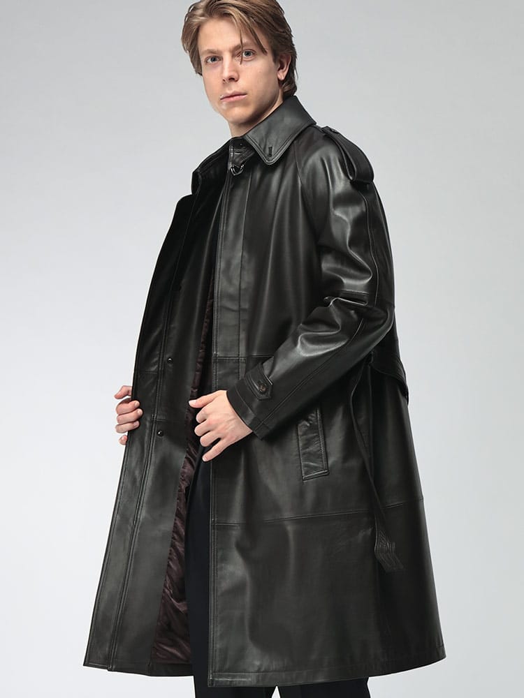 EMPORIO ARMANI (エンポリオアルマーニ) メンズ トレンチコート ラムレザー シングルボタン ウエストベルト ロングコート EAEM7436AF29267