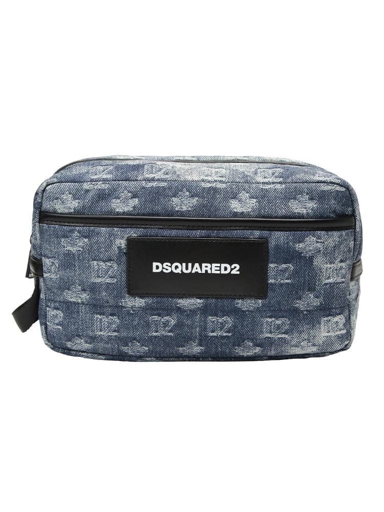 DSQUARED2 (ディースクエアード) メンズ ポーチ モノグラム ロゴ 総柄 パッチ コットンデニム風 クラッチバッグ D2BYM0075