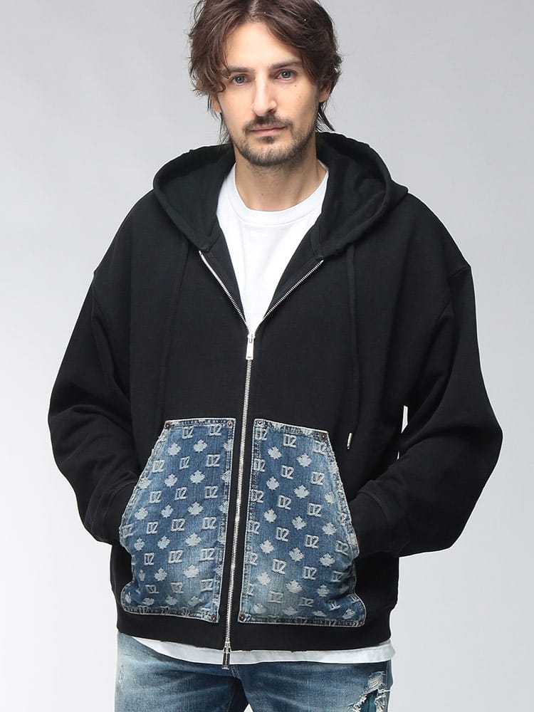 DSQUARED2 (ディースクエアード) メンズ パーカー フルジップ Monogram Relax Fit モノグラム ポケット リラックスフィット フーディット スウェット D2HG0190D25028