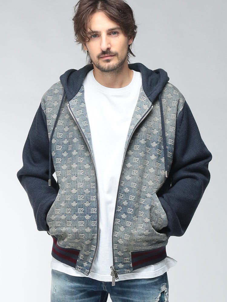 DSQUARED2 (ディースクエアード) メンズ ニットデニム ジャケット モノグラム デニム切替 フルジップ ニット フーディット ブルゾン D2HA1654D13236