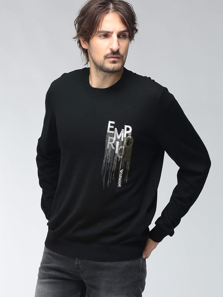EMPORIO ARMANI (エンポリオアルマーニ) メンズ ニット 長袖 グラデーションロゴ刺繍 クルーネック ウール セーター EAEM6456AF27941