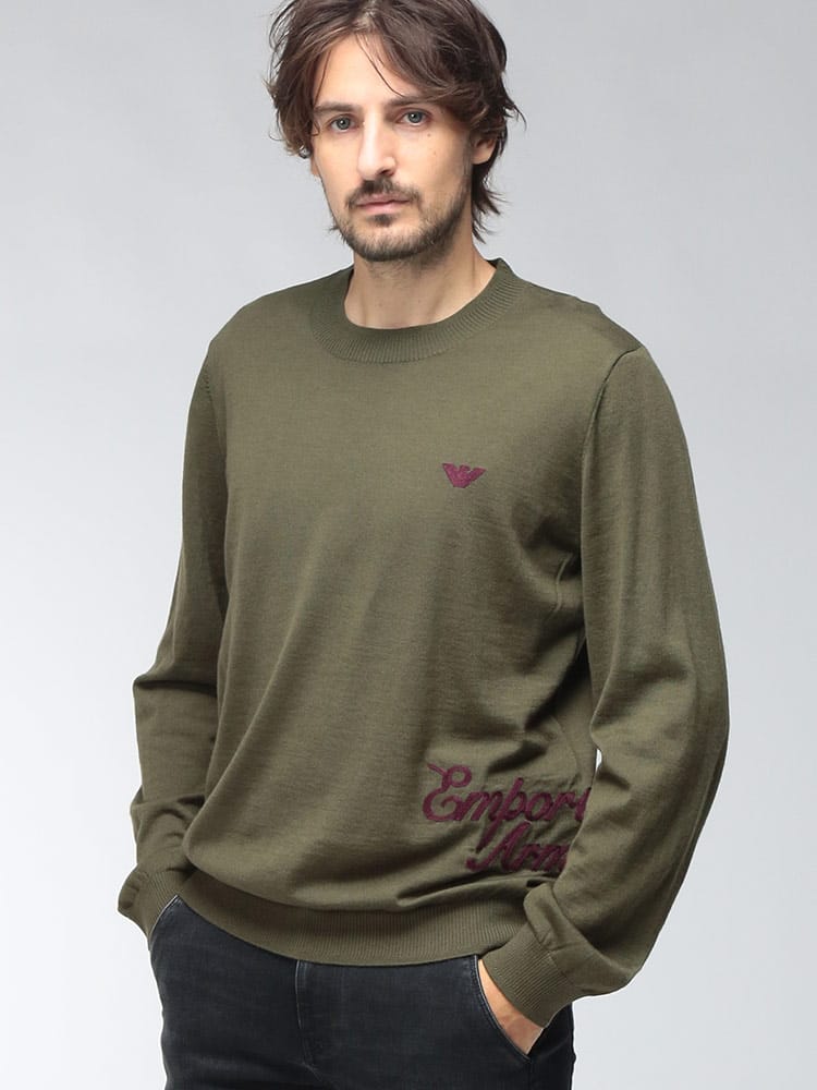 EMPORIO ARMANI (エンポリオアルマーニ) メンズ ニット 長袖 グラデーションロゴ刺繍 クルーネック ウール セーター EAEM6456AF27941