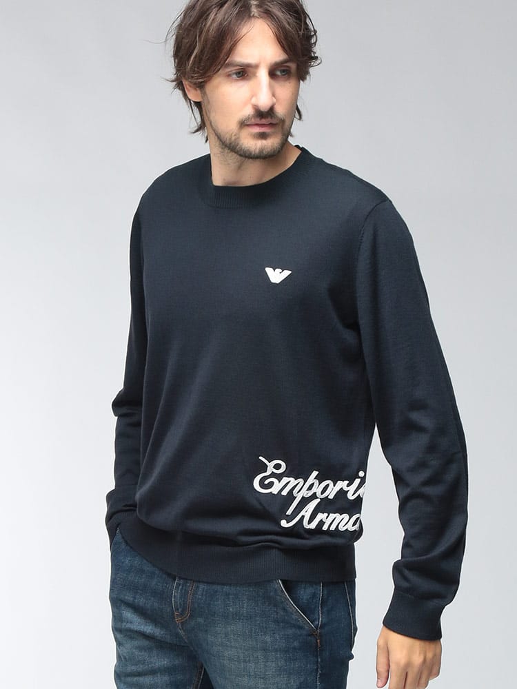 EMPORIO ARMANI (エンポリオアルマーニ) メンズ ニット 長袖 グラデーションロゴ刺繍 クルーネック ウール セーター EAEM6456AF27941