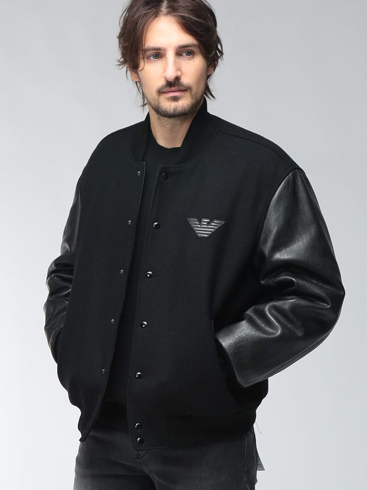 EMPORIO ARMANI (エンポリオアルマーニ) メンズ スタジアムジャンパー レザーワッペン 袖レザー切り替え ロゴ入りボタンアップ ブルゾン EAEM7247AF29263