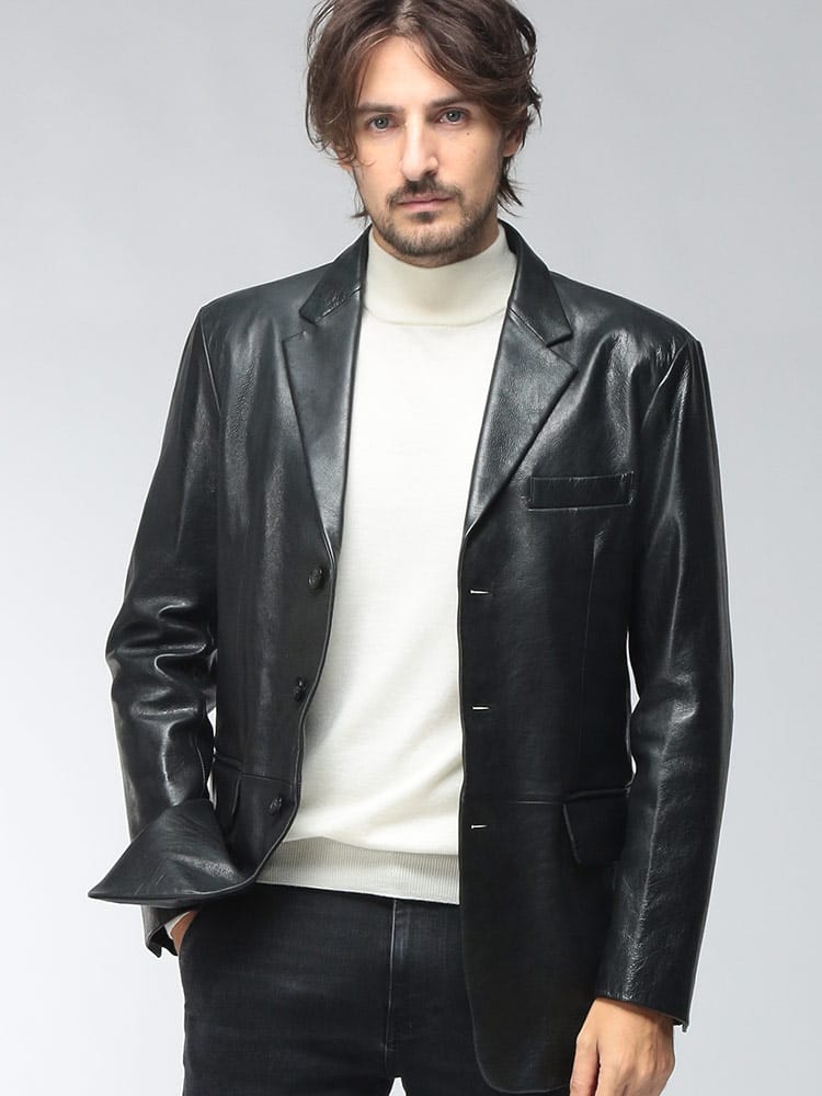 EMPORIO ARMANI (エンポリオアルマーニ) メンズ レザー テーラードジャケット エンボス加工 3つ釦 クラシックレザー ジャケット EAEM7128AF29261