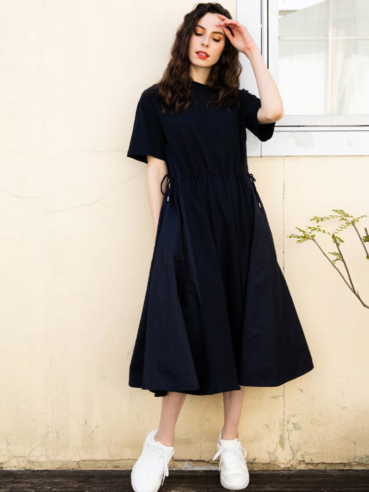 MONCLER (モンクレール) サイド異素材 ウエストコード 半袖 カット ワンピース MCL8I7231084720 レディース