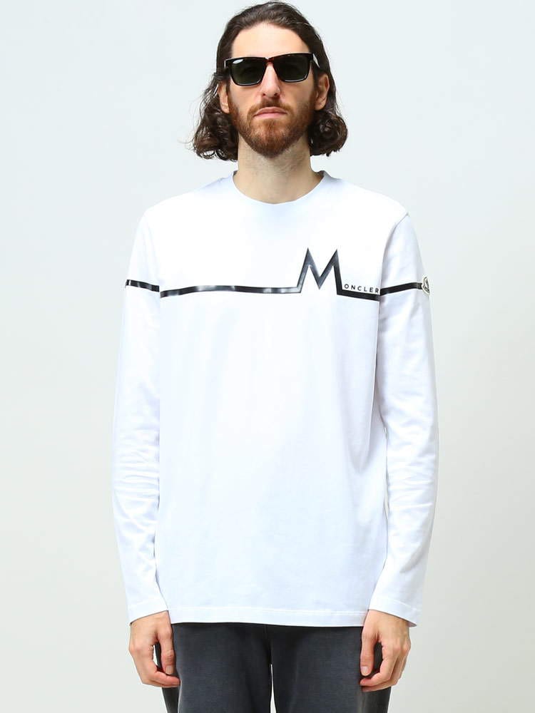 モンクレール メンズ Tシャツ 長袖 MONCLER ブランド トップス ロンT Mモチーフ クルーネック ライン ワッペン 綿100％ コットン 黒 クロ 白 シロ 大きいサイズ MC8D000038390T